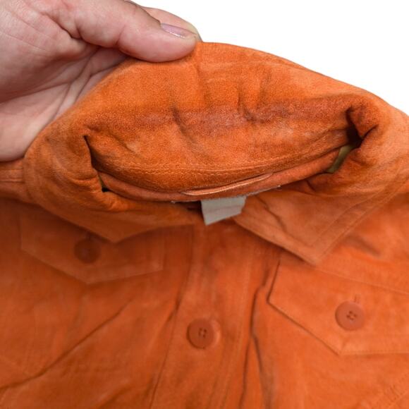 Vtg Y2K Fieldgear Orange Genuine Suede Button Up Collared Trucker Jacket L - Picture 5 of 6